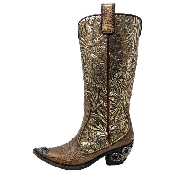 Rare Vintage Giuseppe Zanotti Gold Tooled Leather Western Cowboy Boots Size 6 - Picture 1 of 8